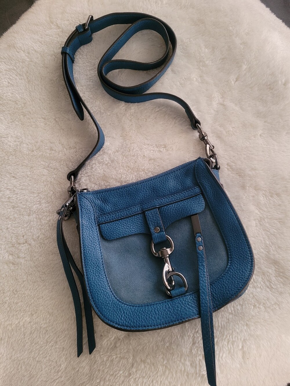 Rebecca Minkoff Dog Clip Leather SuedeSaddle Bag Teal Blue